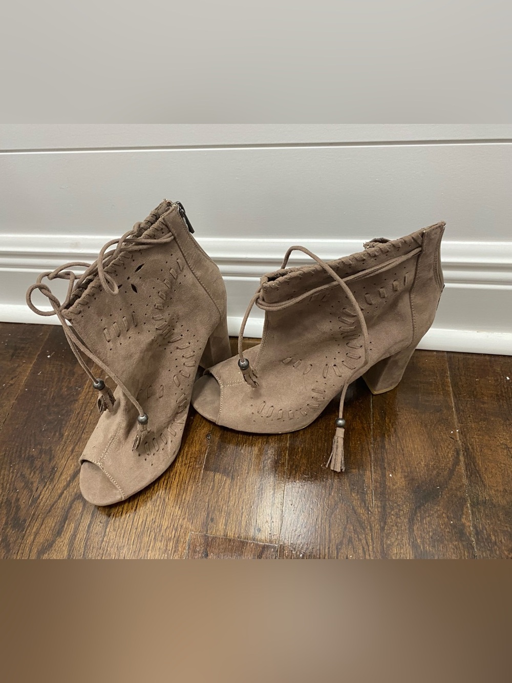 BAMBOO Taupe Suede Lace-Up Peep-Toe Booties